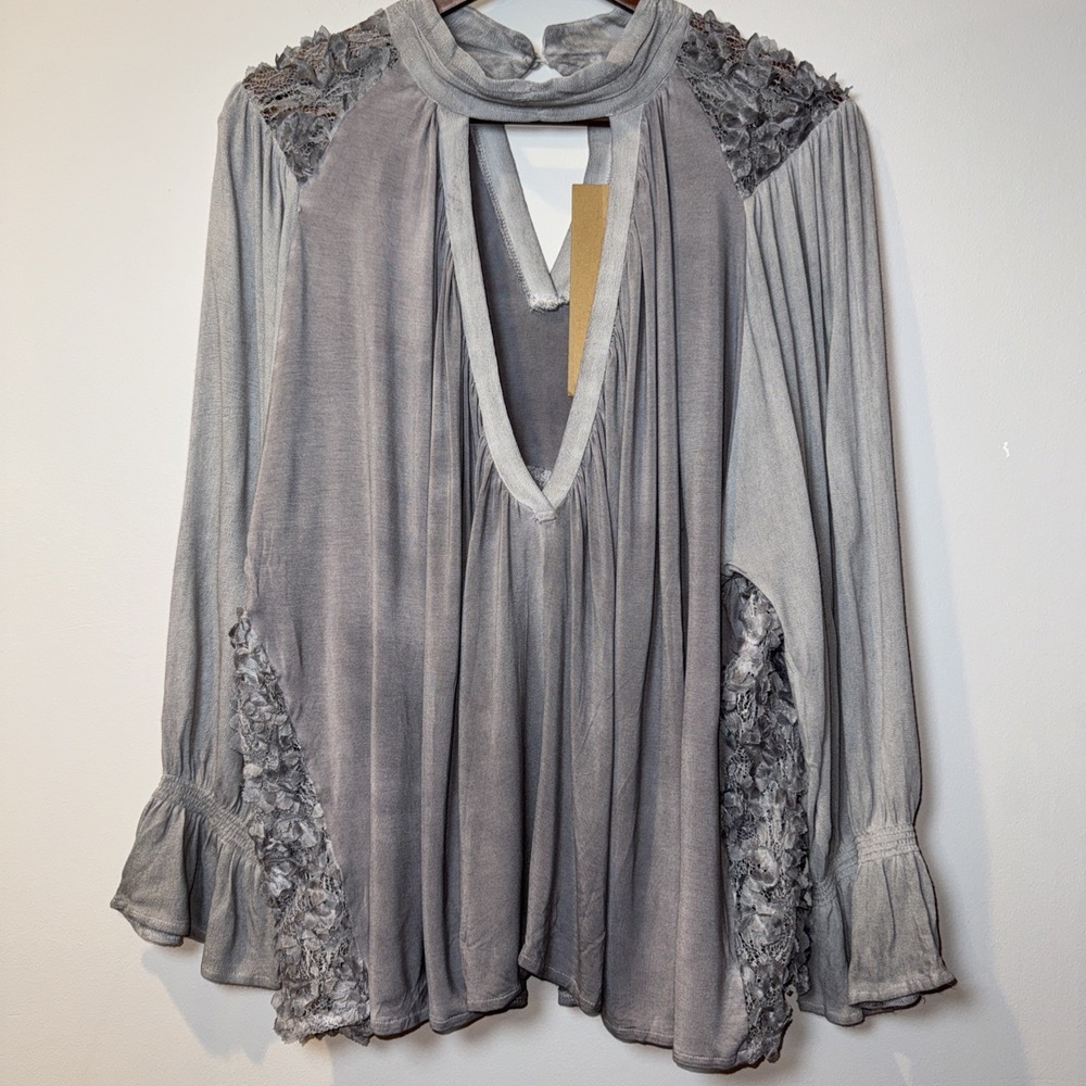 POL Boho Blouse Top Lace Plunging V neck Sz S Relaxed Cutout Lace Gray Sheer NWT